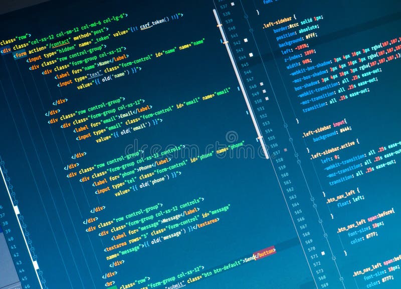 Css3 code on blue background in the code editor, close up. Source code script stock images, royalty-free photos and pictures