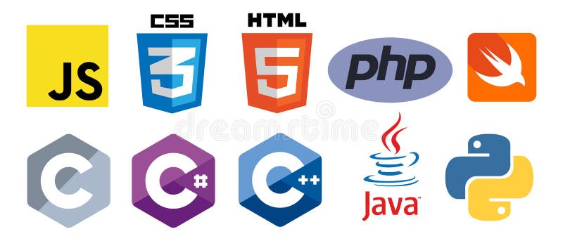 CSS, HTML, Javascript, Java, PHP, C, C++, C#, Swift, Python 프로그래밍 언어 로고 벡터 아이콘 세트 10개. 격리된 편집 디자인 로열티 프리 일러스트