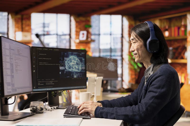 CTO manager in artificial intelligence startup coding, listening music stock images