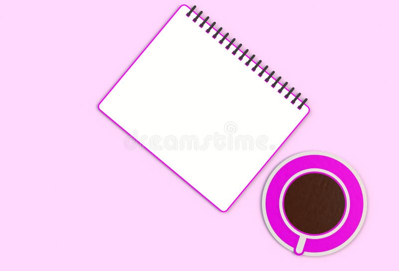 Cuaderno de la visión superior con la taza de café en el escritorio rosado fotos de archivo libres de regalías Cuaderno de la visión superior con la taza de café en el escritorio rosado fotos de archivo libres de regalías