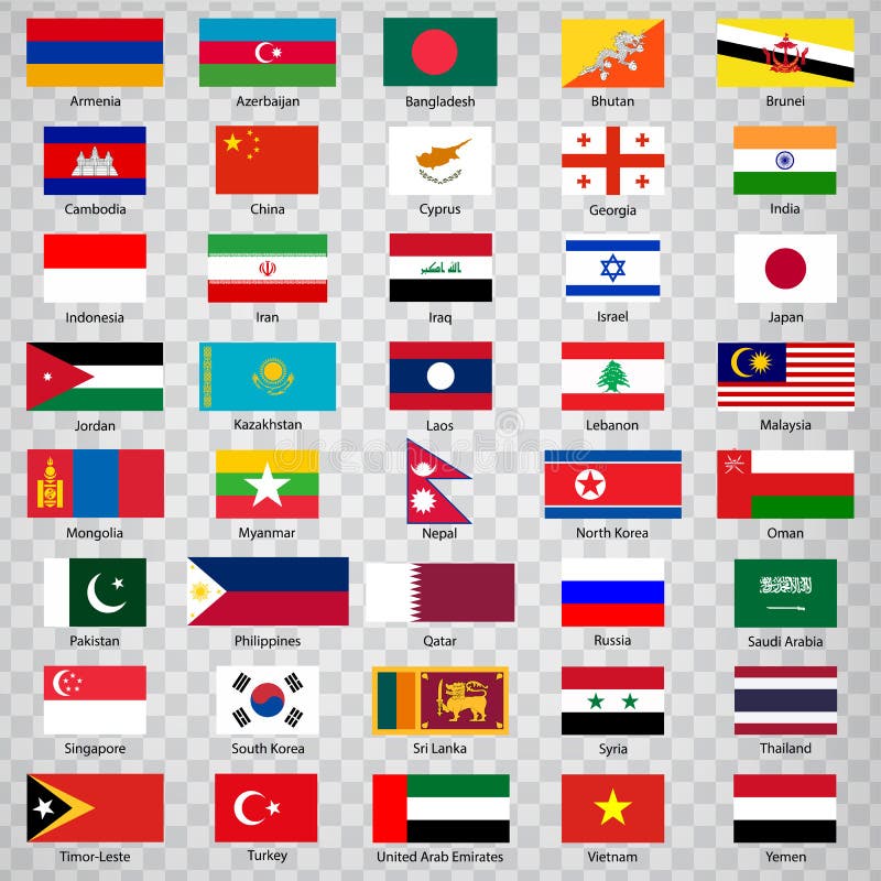 Cuarenta banderas de países asiáticos Lista de cuarenta banderas de los países de Asia con las inscripciones y las proporciones o ilustración del vector Cuarenta banderas de países asiáticos Lista de cuarenta banderas de los países de Asia con las inscripciones y las proporciones o ilustración del vector