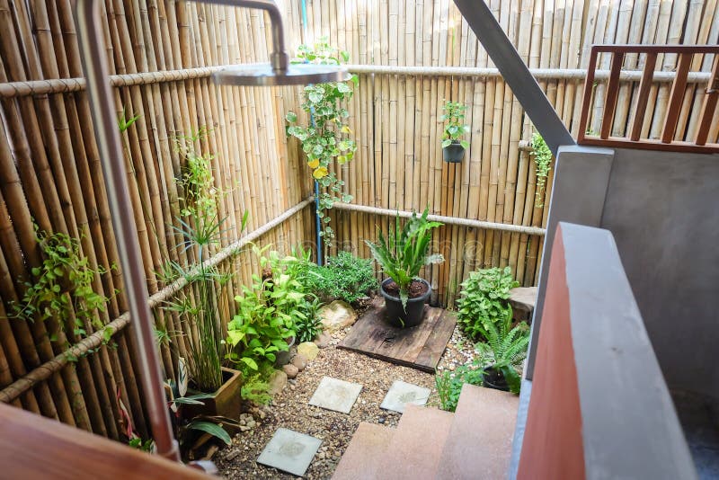 Cuarto De Baño Al Aire Libre Con La Planta Y La Madera Foto de archivo