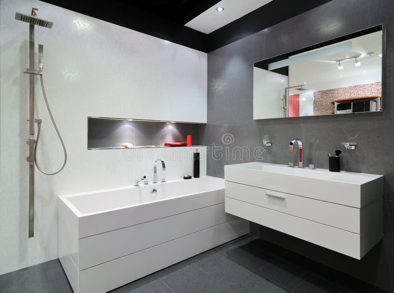 Cuarto de baño gris moderno fotografía de archivo Cuarto de baño gris moderno fotografía de archivo