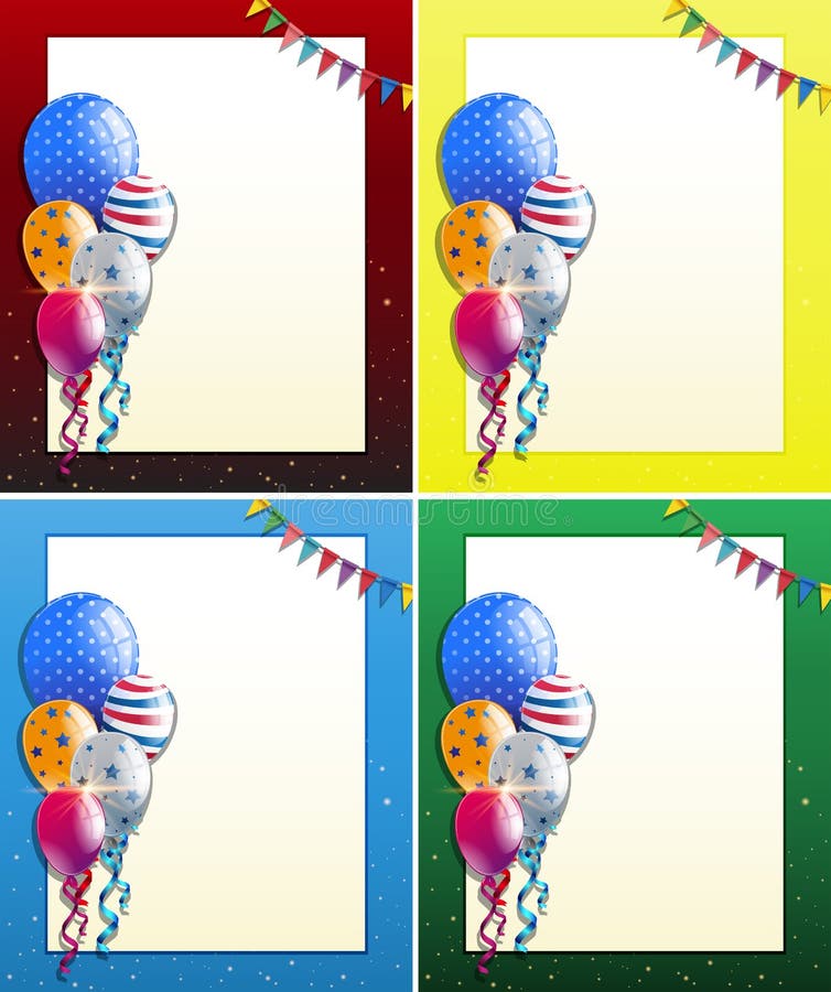 Cuatro diseños del marco con los globos y las banderas del partido ilustración del vector Cuatro diseños del marco con los globos y las banderas del partido ilustración del vector