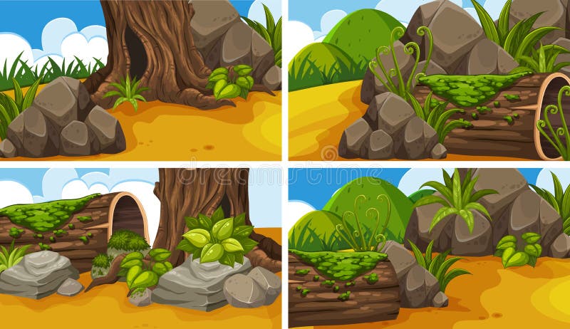 Cuatro escenas con bosque en el parque stock de ilustración Cuatro escenas con bosque en el parque stock de ilustración