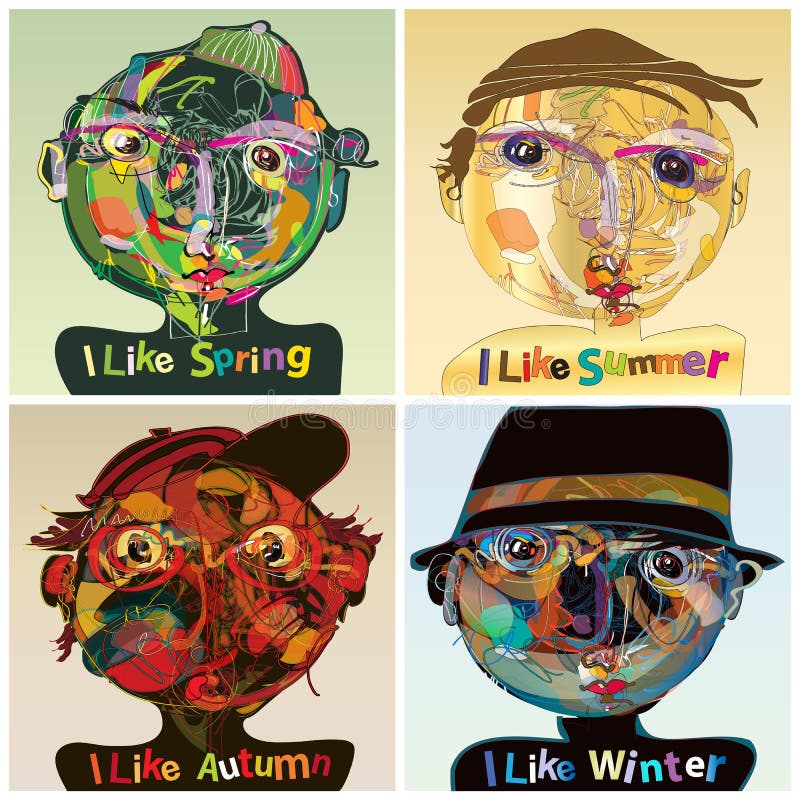 El sistema de cuatro estaciones, presentación del vector de las estaciones con diversos caracteres del rostro humano, el ejemplo representa una técnica de la pintura de la vanguardia con las líneas creativas y las formas artísticas