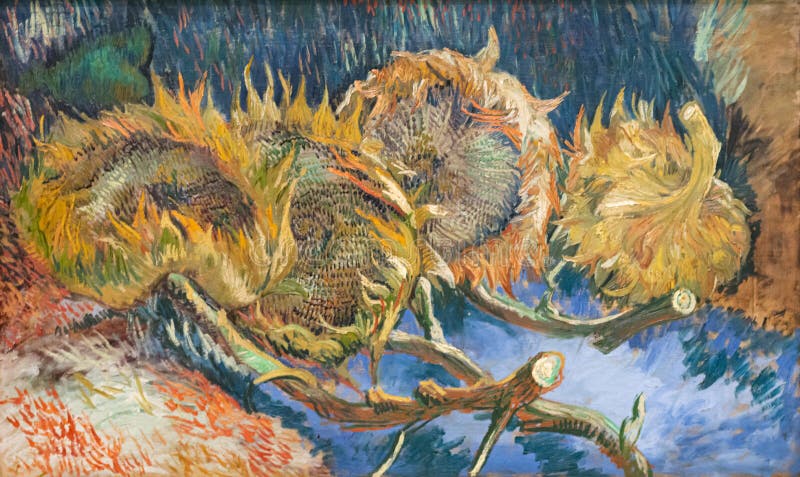 Four withered Sunflowers gone to seed, 1887, Vincent Van Gogh, a Dutch post-impressionist painter, famous for landscapes, still lifes, portraits and self-portraits. Work of art, paint, brush, sketch, colour, oil on canvas, abstract texture, graphic minimalist, watercolour, palette of artist, pencil and brushstroke. Four withered Sunflowers gone to seed, 1887, Vincent Van Gogh, a Dutch post-impressionist painter, famous for landscapes, still lifes, portraits and self-portraits. Work of art, paint, brush, sketch, colour, oil on canvas, abstract texture, graphic minimalist, watercolour, palette of artist, pencil and brushstroke.