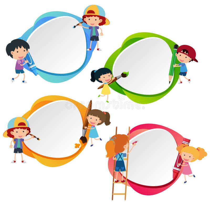 Cuatro insignias con los niños y los creyones libre illustration Cuatro insignias con los niños y los creyones libre illustration