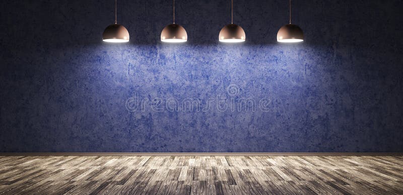 Cuatro lámparas sobre la representación azul del muro de cemento 3d stock de ilustración Cuatro lámparas sobre la representación azul del muro de cemento 3d stock de ilustración
