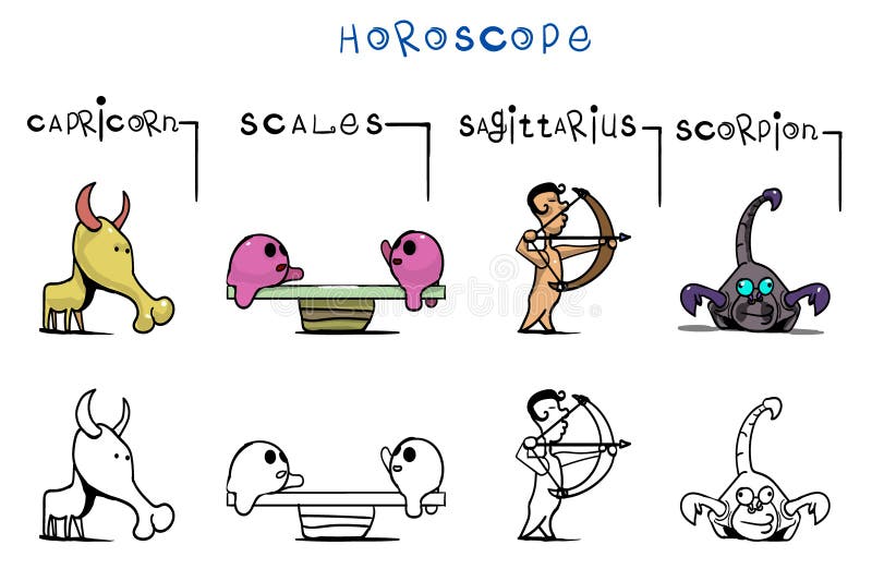 Cuatro muestras del zodiaco se arreglan en fila Entre ellos son los caracteres del horóscopo tales como Capricornio, libra, Arche stock de ilustración Cuatro muestras del zodiaco se arreglan en fila Entre ellos son los caracteres del horóscopo tales como Capricornio, libra, Arche stock de ilustración