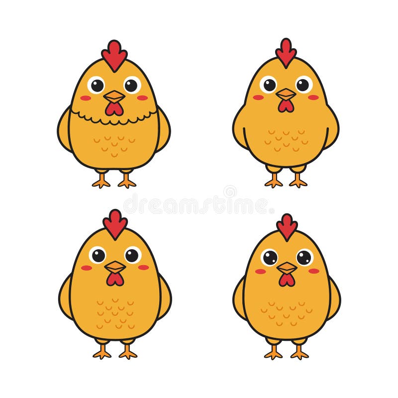 Cuatro pollos tipo caricatura con plumas amarillo brillante y expresiones lúdicas en una ilustración vectorial plana stock de ilustración