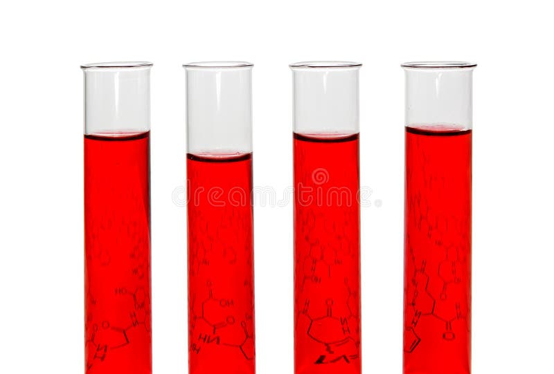 Cuatro Tubos De Ensayo Con Los Líquidos Rojos Y Hoja De Con Fórmula de archivo - Imagen de medicina, equipo: 103335423