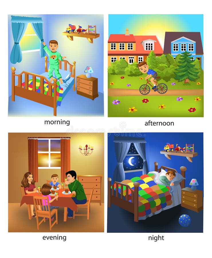 Cuatro veces del día: mañana, tarde, tarde y noche stock de ilustración Cuatro veces del día: mañana, tarde, tarde y noche stock de ilustración