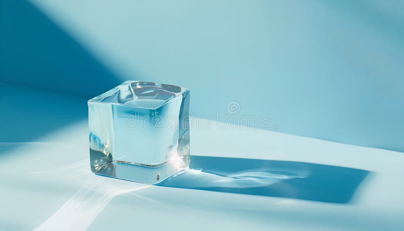 Cub de gheață clar cristalizat pe un înveliș de fond albastru deschis. Efect ton culoare royalty free stock photo
