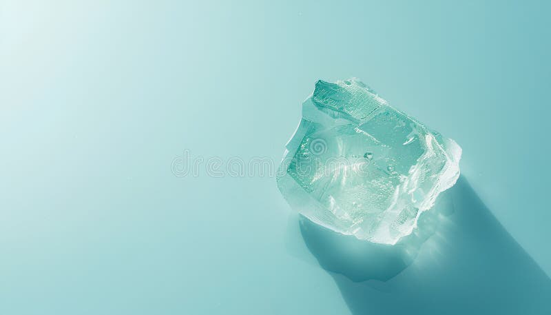 Cub de gheață clar cristalizat pe un înveliș de fond albastru deschis. Efect ton culoare royalty free stock image