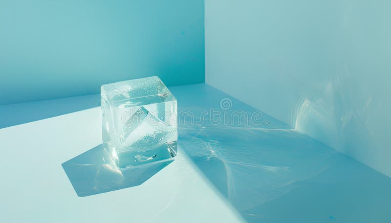 Cub de gheață clar cristalizat pe un înveliș de fond albastru deschis. Efect ton culoare stock image