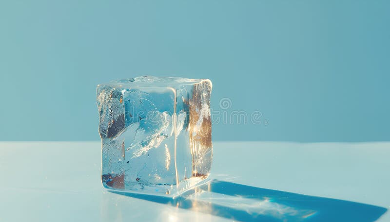 Cub de gheață clar cristalizat pe un înveliș de fond albastru deschis. Efect ton culoare stock images