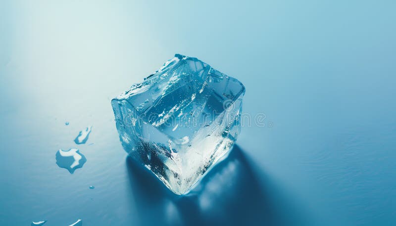 Cub de gheață clar cristalizat pe un înveliș de fond albastru deschis. Efect ton culoare royalty free stock image