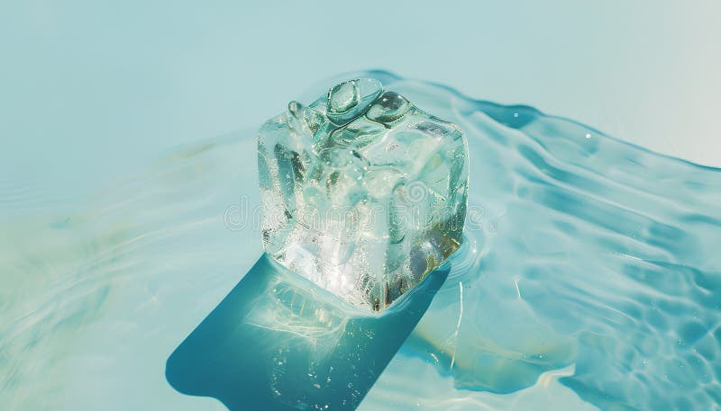 Cub de gheață clar cristalizat pe un înveliș de fond albastru deschis. Efect ton culoare royalty free stock photos