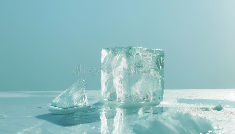 Cub de gheață clar cristalizat pe un înveliș de fond albastru deschis. Efect ton culoare stock images