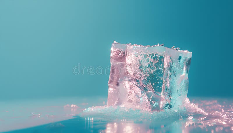 Cub de gheață clar cristalizat pe un înveliș de fond albastru deschis. Efect ton culoare royalty free stock image