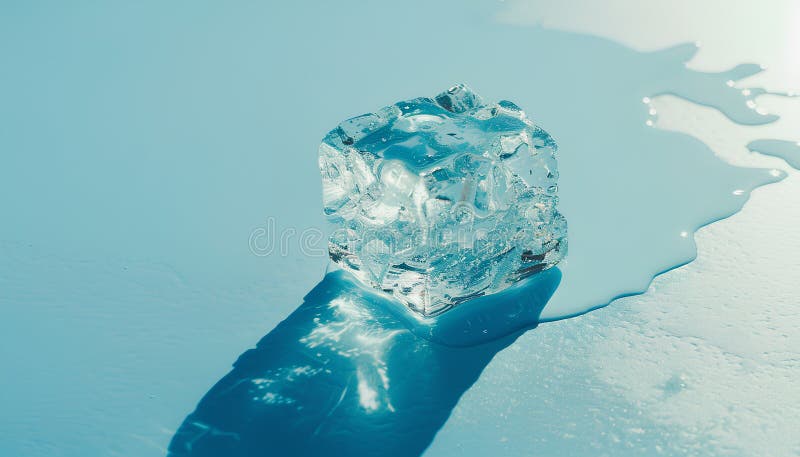 Cub de gheață clar cristalizat pe un înveliș de fond albastru deschis. Efect ton culoare royalty free stock images