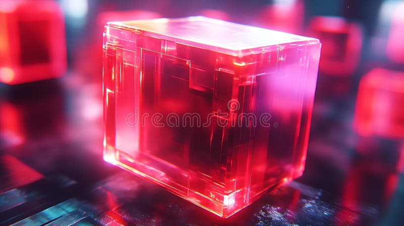 Cub din sticlă roșie iluminată - Artă abstractă stock illustration