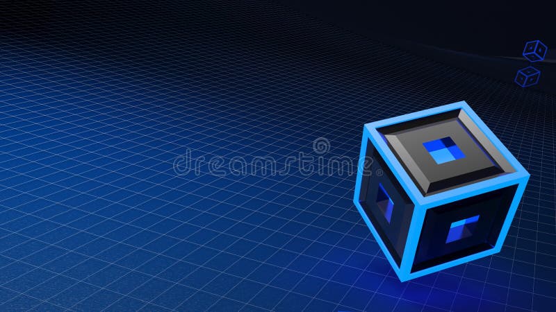 Cub negru cu structură albastră luminată care se transformă pe o suprafață albastră cu grilă albă 3d care redă animația vector illustration