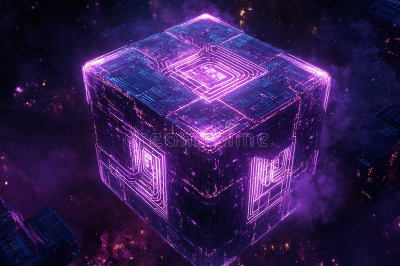 Cub Neon Strălucitor Futurist Cu Circuite Violet În Mediul Cosmic Space Environment Cu Detalii Digitale royalty free illustration