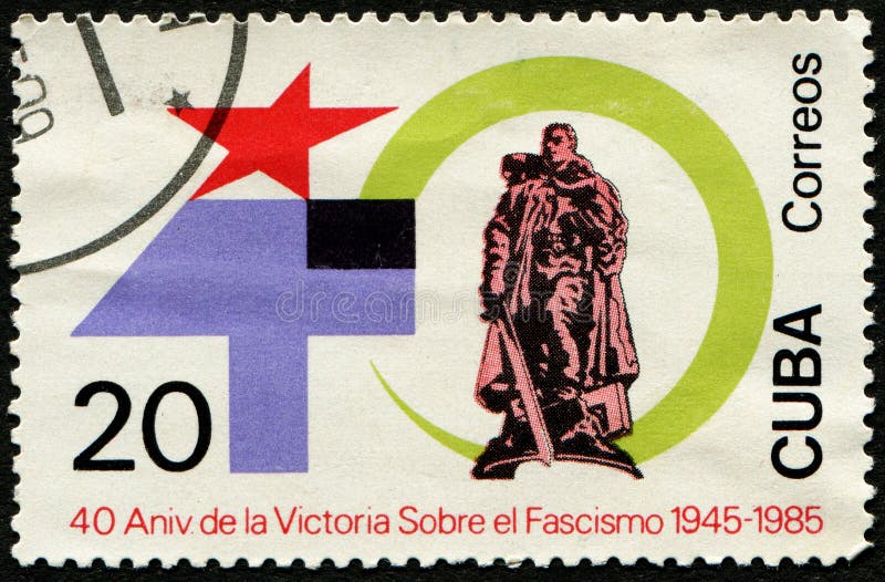 CUBA - CIRCA 1985: stamp 20 Cuban centavos printed by Republic of Cuba, shows Soviet memorial Berlin-Treptow, End of WWII, 40th anniversary serie, circa 1985. CUBA - CIRCA 1985: stamp 20 Cuban centavos printed by Republic of Cuba, shows Soviet memorial Berlin-Treptow, End of WWII, 40th anniversary serie, circa 1985