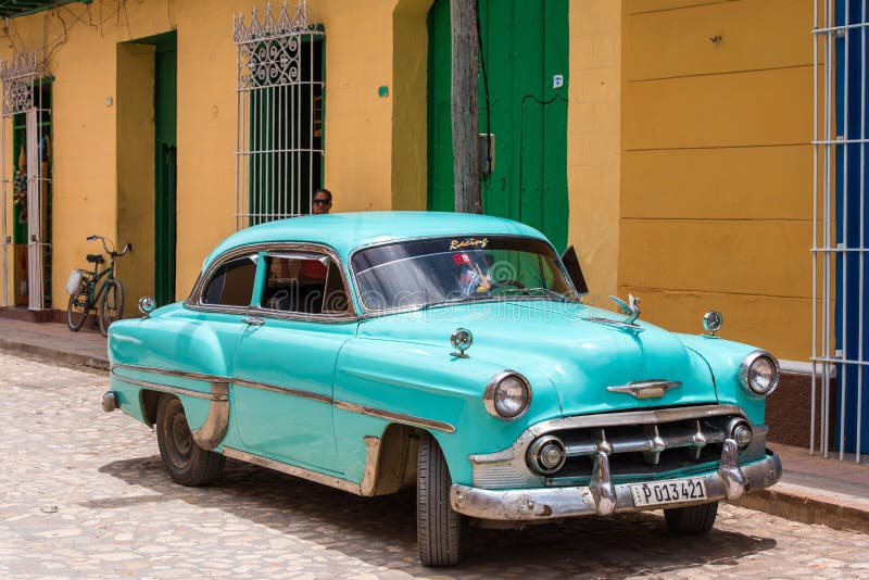 CUBA, HAVANA - MAY 5, 2017: A blue American retro car on a city street. Copy space for text.