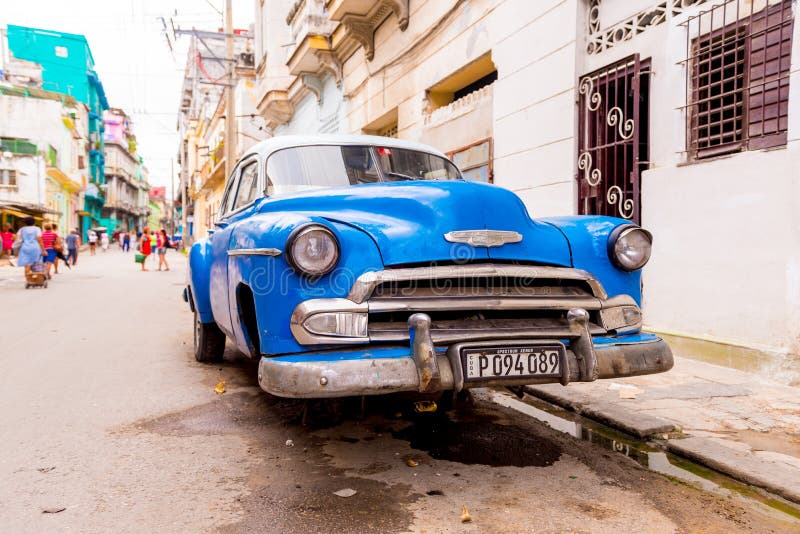 CUBA, HAVANA - MAY 5, 2017: A blue American retro car on a city street. Copy space for text.