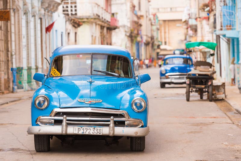 CUBA, HAVANA - MAY 5, 2017: A blue American retro car on a city street. ï¿½opy space for text.