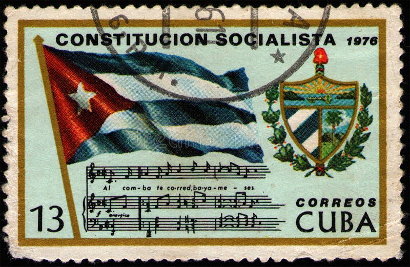 CUBA - CIRCA 1976: postal stamp 13 Cuban centavos printed by Republic of Cuba, shows Cuban national flag, national anthem sheet music, Cuban coat of arms, circa 1976. CUBA - CIRCA 1976: postal stamp 13 Cuban centavos printed by Republic of Cuba, shows Cuban national flag, national anthem sheet music, Cuban coat of arms, circa 1976