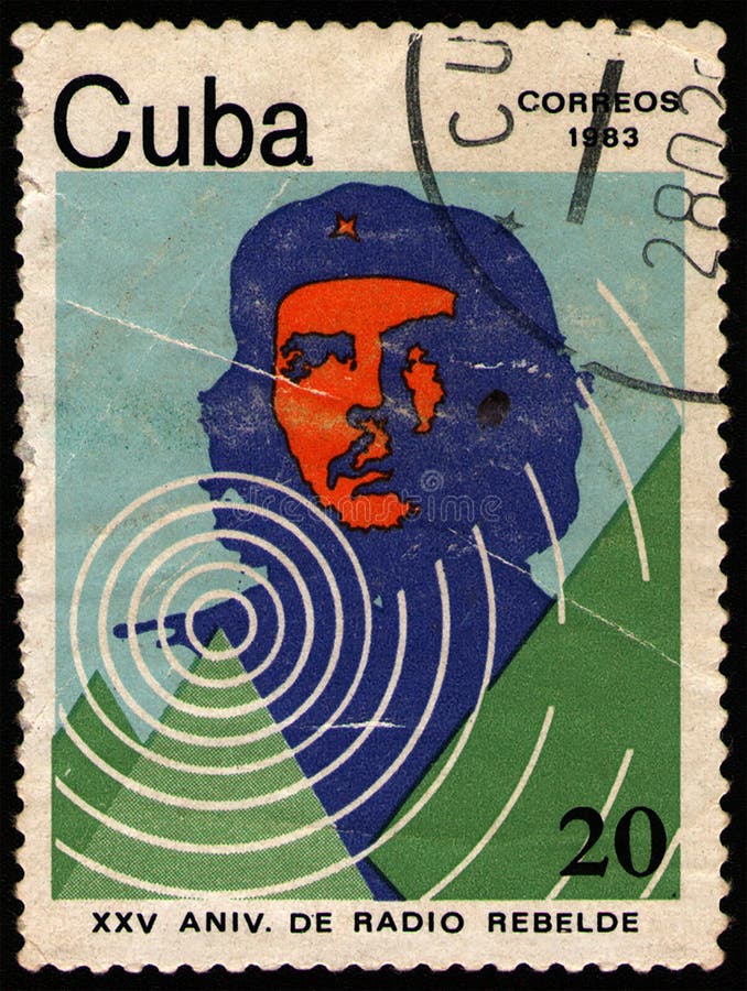 CUBA - CIRCA 1983: postal stamp 20 Cuban centavos printed by Republic of Cuba, shows portrait of Che Guevara and radio waves, circa 1983. CUBA - CIRCA 1983: postal stamp 20 Cuban centavos printed by Republic of Cuba, shows portrait of Che Guevara and radio waves, circa 1983