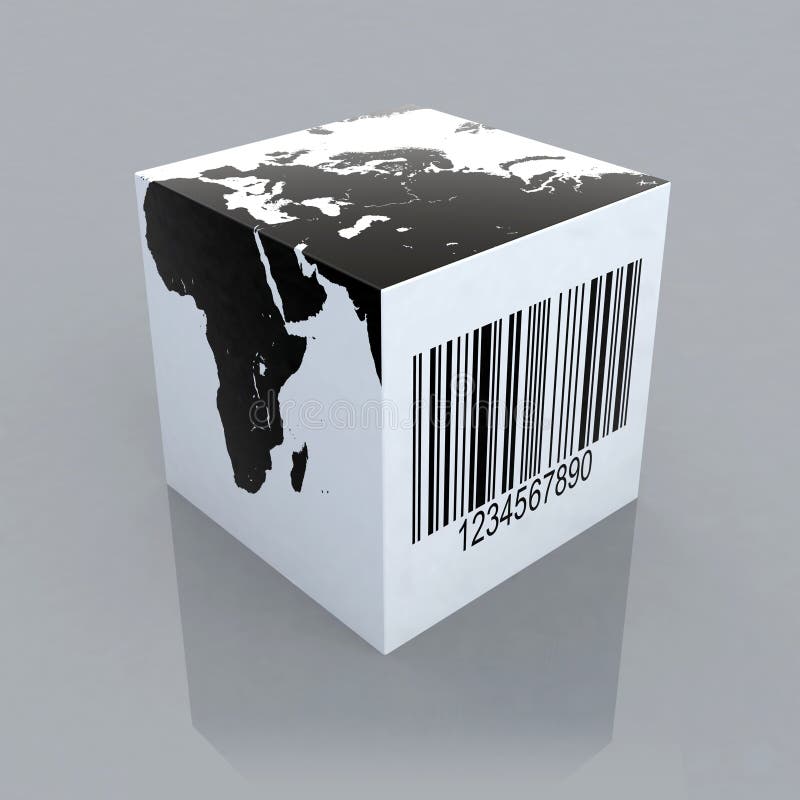 Cube avec la carte du monde et le code barres illustration de vecteur Cube avec la carte du monde et le code barres illustration de vecteur