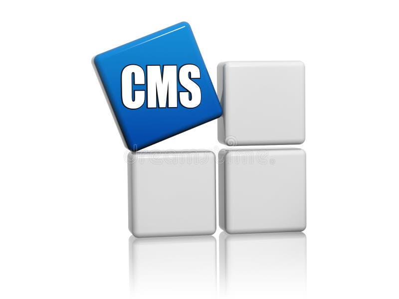 CMS, content management system - 3d blue cube with letters on grey boxes, internet concept. CMS, content management system - 3d blue cube with letters on grey boxes, internet concept