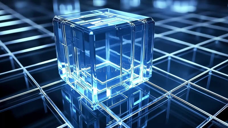 Cube de verre lumineux sur grille brillant bleu futuriste technologie illustration stock