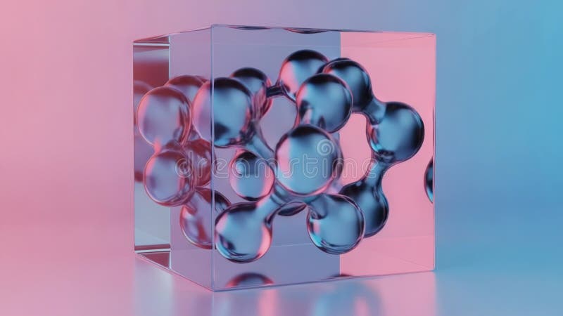 Cube en verre abstrait avec bulles colorées reflétant la lumière et formant des formes illustration stock