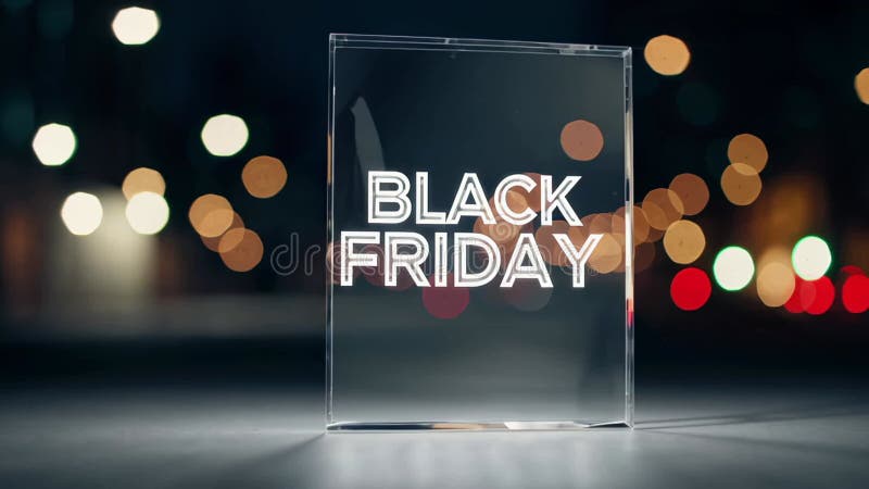 Cube en verre transparent tournant et montrant noir le vendredi écriture avec des lumières de ville floues en arrière-plan suggéra illustration libre de droits