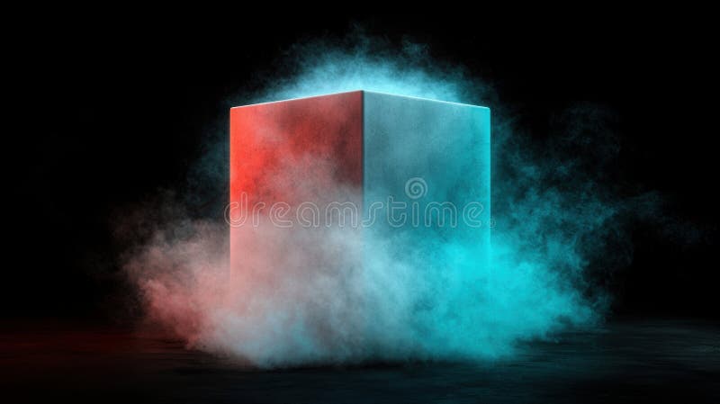A cube with glowing blue and red sides is surrounded by a cloud of smoke. stock illustration