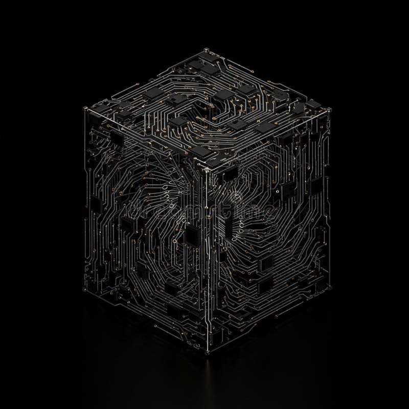 A cube with intricate circuit patterns on its surface, resembling a 3D printed model. royalty free illustration