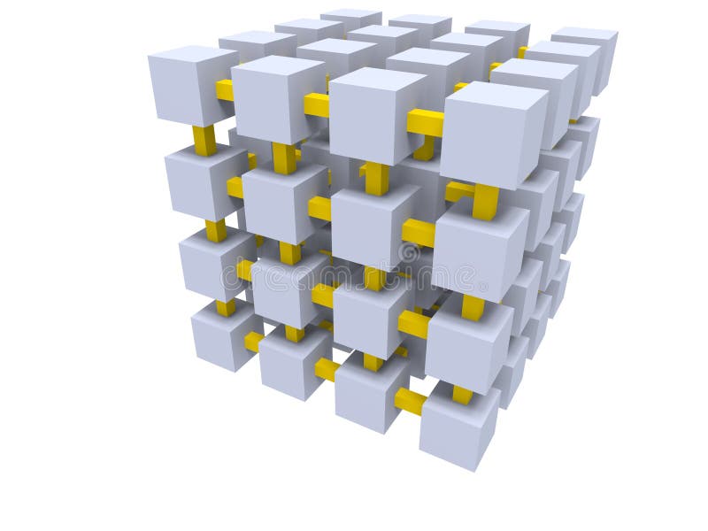 Isolato, il cubo grigio grid connected giallo travi su sfondo bianco.