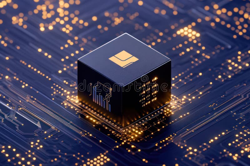 Cube Technology Converging on Circuit with Abstract Blue Background - Blockchain Network, Big Data Storage, Cloud Data stock illustration