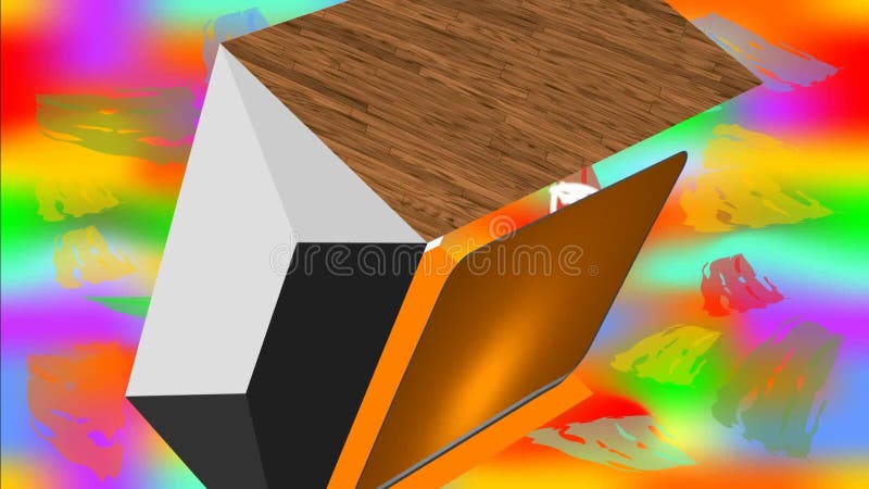 Cube with wooden texture face rotating on multicolored psychedelic background vector illustration