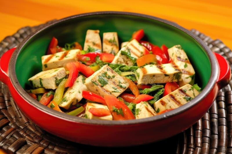 Cubecut grelhado tofu bife em uma tigela colorida foto de stock