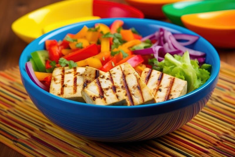 Cubecut grelhado tofu bife em uma tigela colorida fotos de stock royalty free