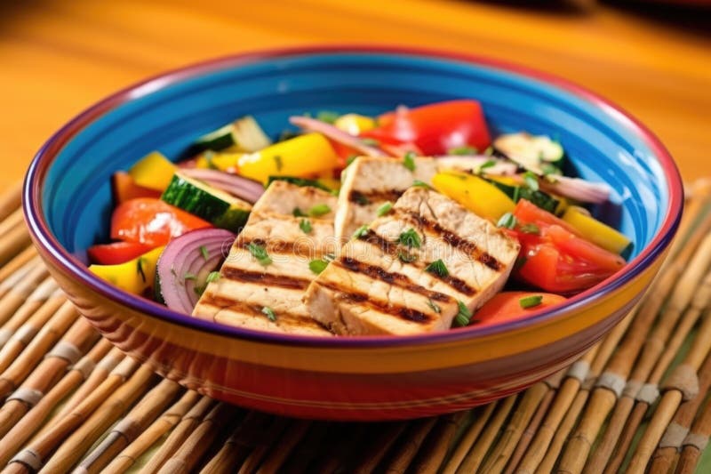 Cubecut grelhado tofu bife em uma tigela colorida ilustração do vetor