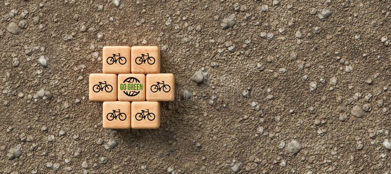 Cubes with bike symbols and message GO GREEN - 3d illustration