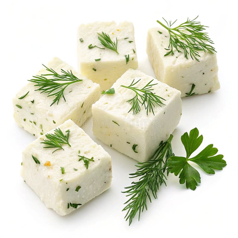 Cubes de fromage féta frais aux herbes isolées sur blanc illustration libre de droits
